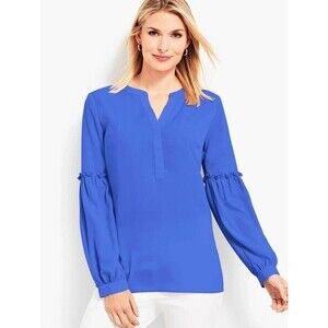 Talbots Women's Sz L Top Blue Tunic Blouse Popover Career V-neck Bell Sleeves